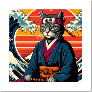 Vaporwave Samurai Cat Great Wave Off Kanagawa Posters and Art